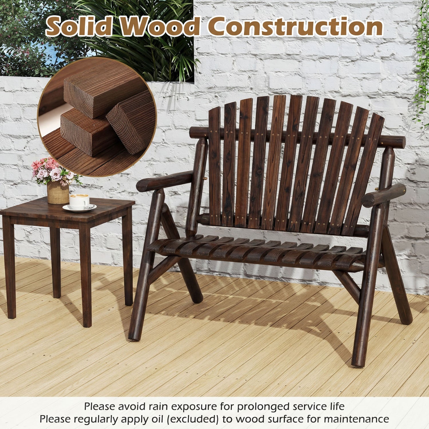 2-Person Log Wood Patio Bench with Slatted Backrest